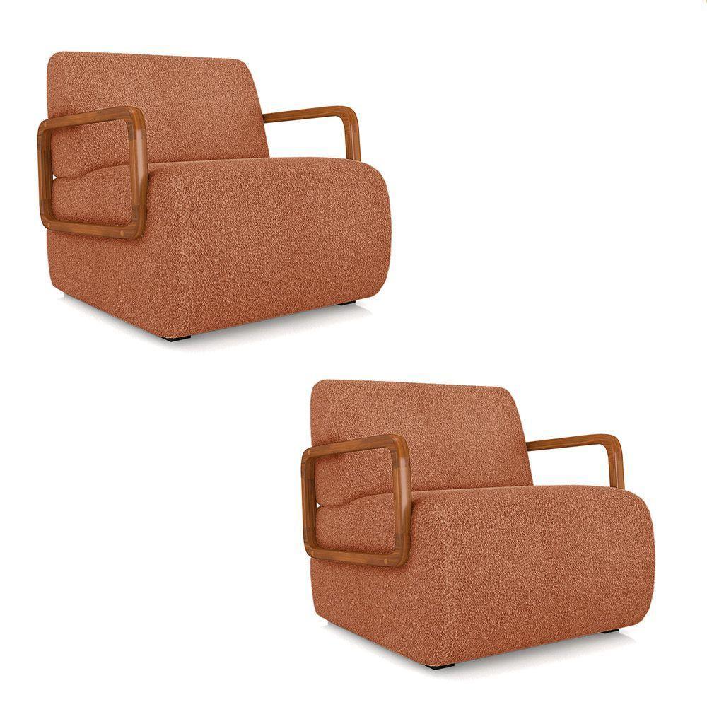 Poltrona Sala De Estar Braço De Madeira Kit 2 Hellen Bouclê K01 - D'rossi Cor Terracota - 1