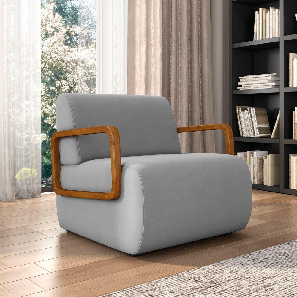 Poltrona Sala De Estar Braço De Madeira Hellen Veludo K01 - D'rossi Cor Cinza - 6