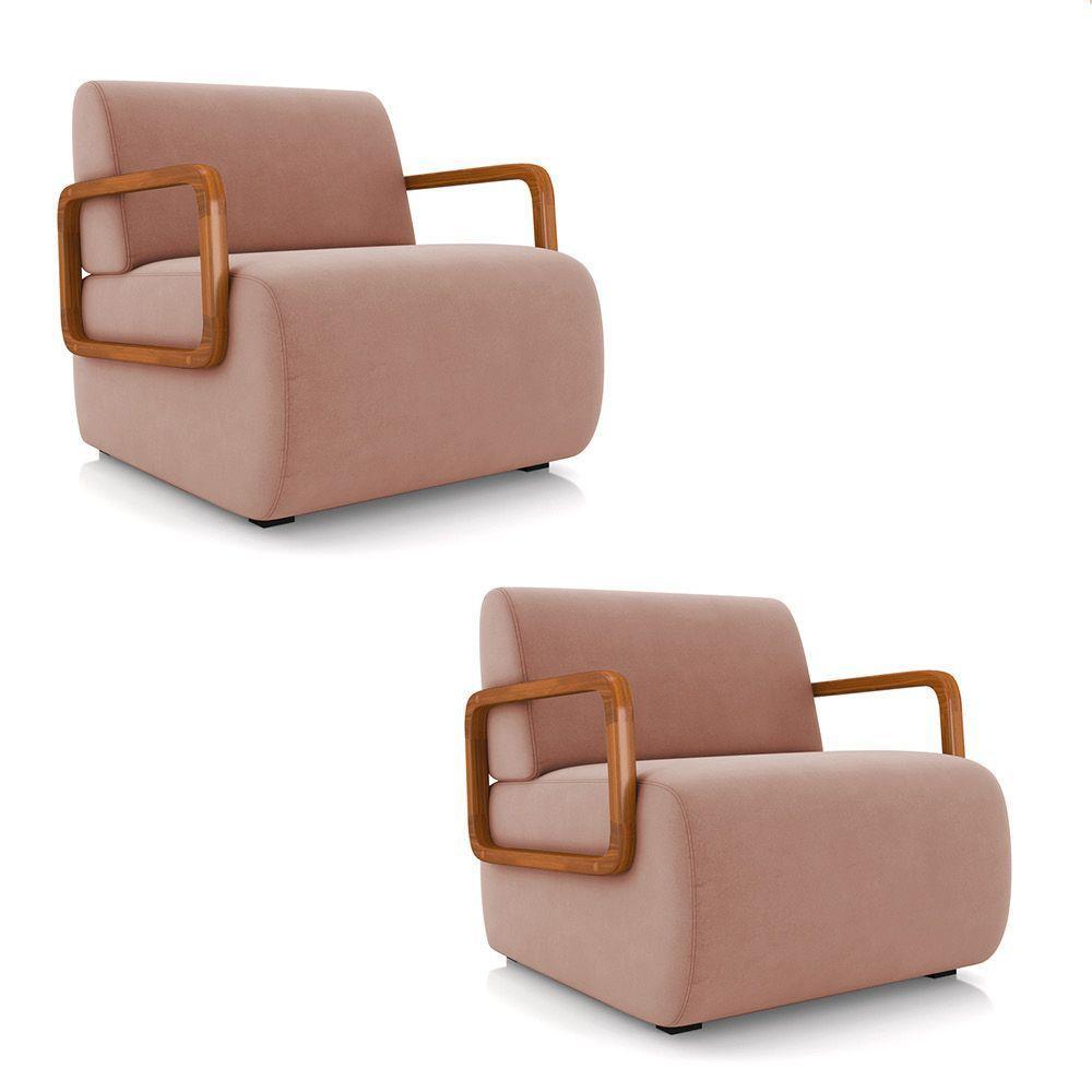Poltrona Sala De Estar Braço De Madeira Kit 2 Hellen Veludo K01 - D'rossi Cor Rose - 1