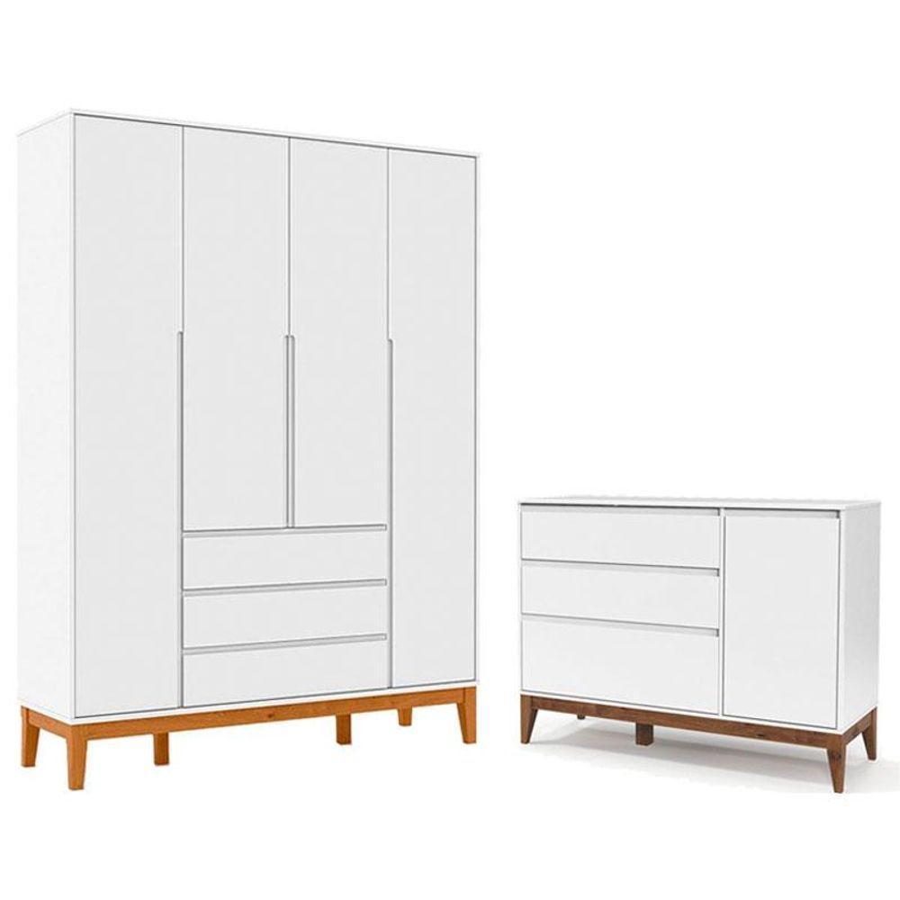 Cômoda Com Porta E Guarda Roupa Infantil Nature Clean 4 Portas Branco Soft Eco Wood - Matic - 1