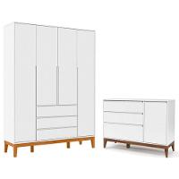 Cômoda Com Porta E Guarda Roupa Infantil Nature Clean 4 Portas Branco Soft Eco Wood - Matic - 1