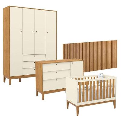 Quarto De Bebê Unique 4 Portas Com Cômoda Sapateira E Painel Ripado Off White Freijó Eco Wood - Matic