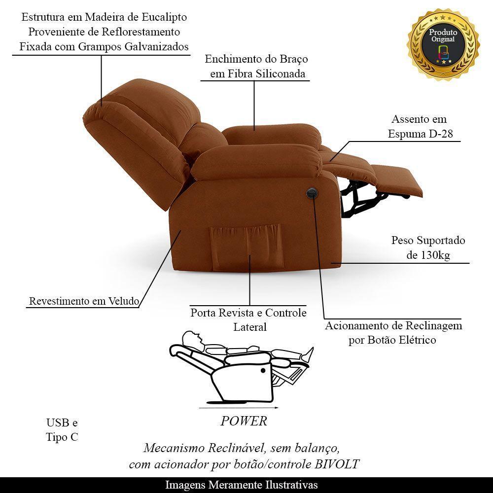 Poltrona Do Papai Reclinável Melim Controle Power Elétrico Usb Veludo Fh1 - D'rossi Cor Terracota - 6