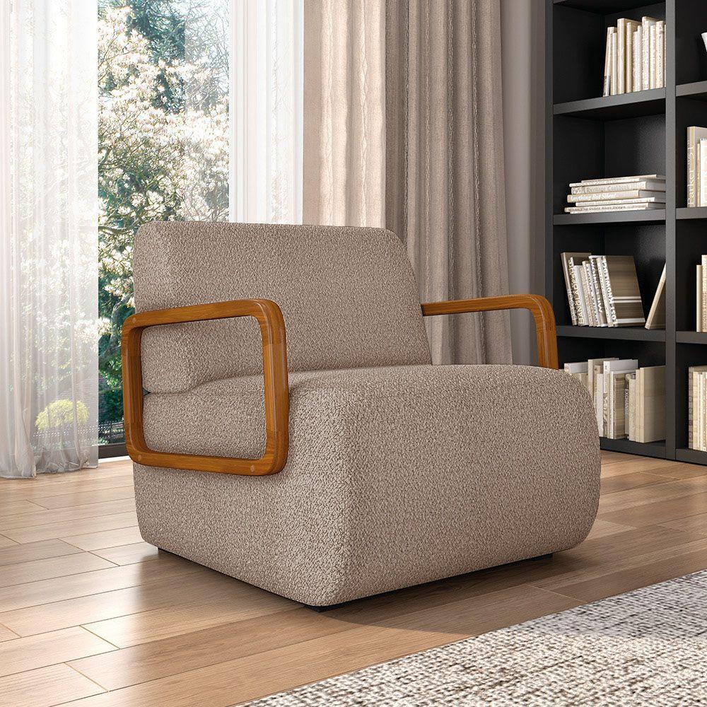 Poltrona Sala De Estar Braço De Madeira Kit 2 Hellen Bouclê K01 - D'rossi Cor Creme - 6