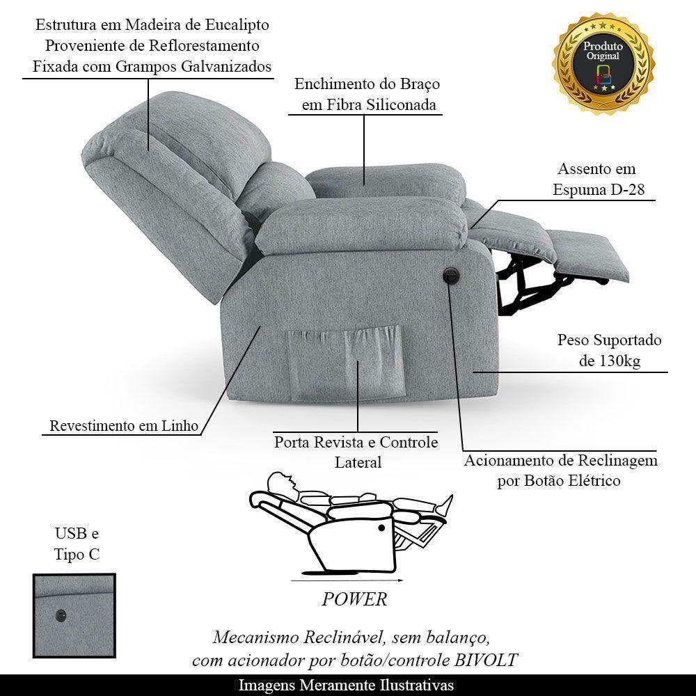 Poltrona Do Papai Reclinável Melim Controle Power Elétrico Usb Linho Cinza Fh1 - D'rossi - 4