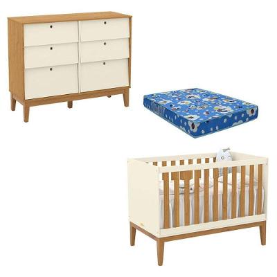 Berço Americano e Cômoda 6 Gavetas Unique em MDF 136cm Off White Freijó Eco Wood Matic Móveis