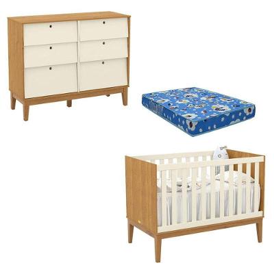 Conjunto Berço Americano Unique Freijó Off White Eco Wood em MDF com Colchão Espuma Incluso