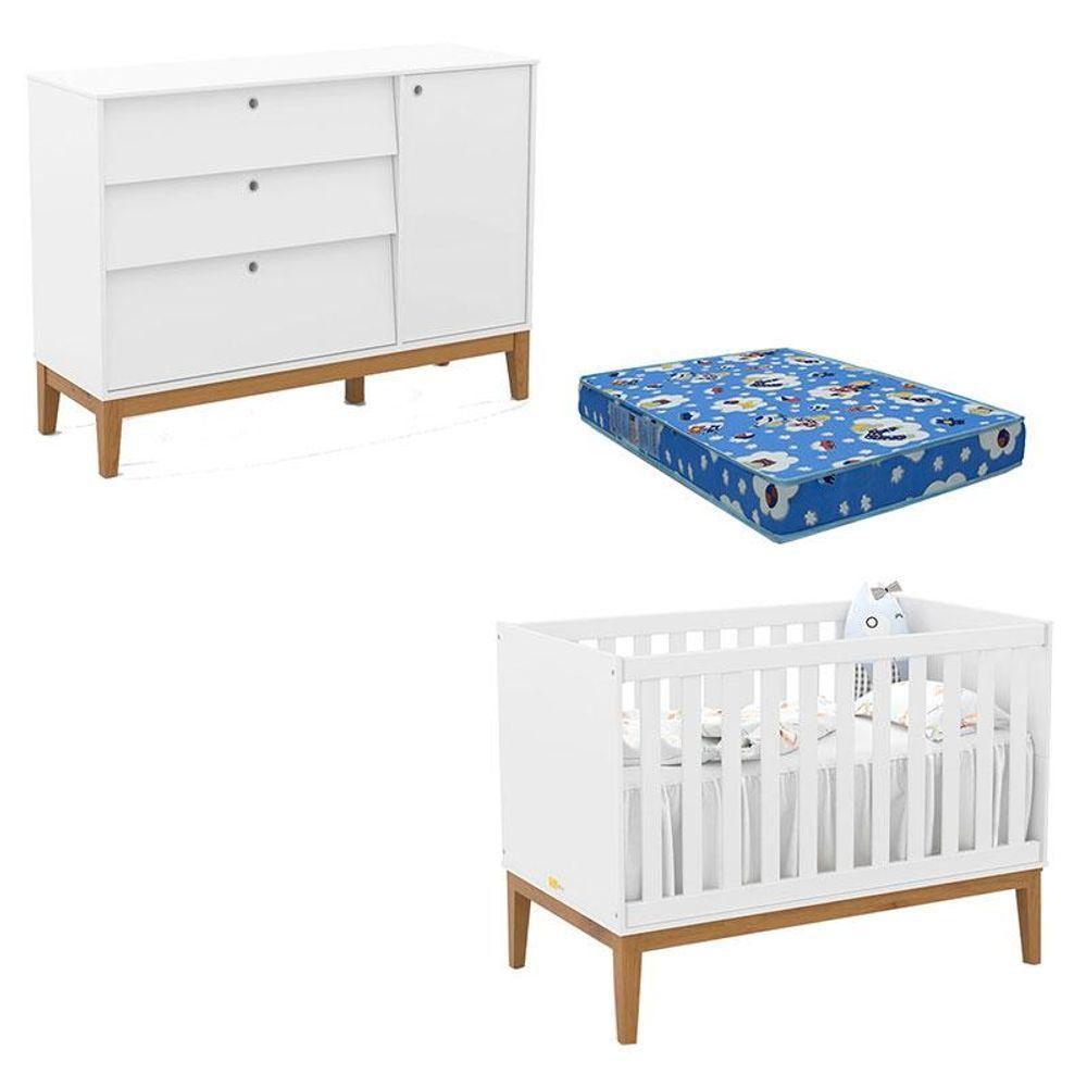 Berço Americano E Cômoda Sapateira Unique Branco Soft Eco Wood Com Colchão Ortobom - Matic - 1