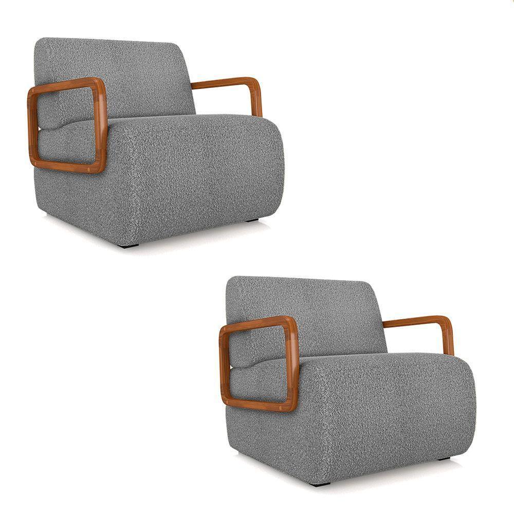 Poltrona Sala De Estar Braço De Madeira Kit 2 Hellen Bouclê K01 - D'rossi Cor Cinza - 1