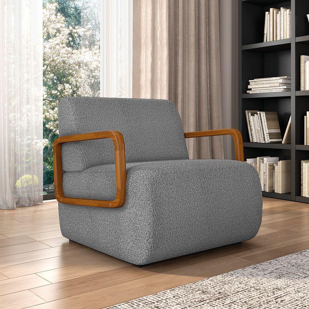 Poltrona Sala De Estar Braço De Madeira Kit 2 Hellen Bouclê K01 - D'rossi Cor Cinza - 6