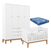Berço Americano E Guarda Roupa Unique 4 Portas Branco Soft Eco Wood Com Colchão Ortobom - Matic - 1