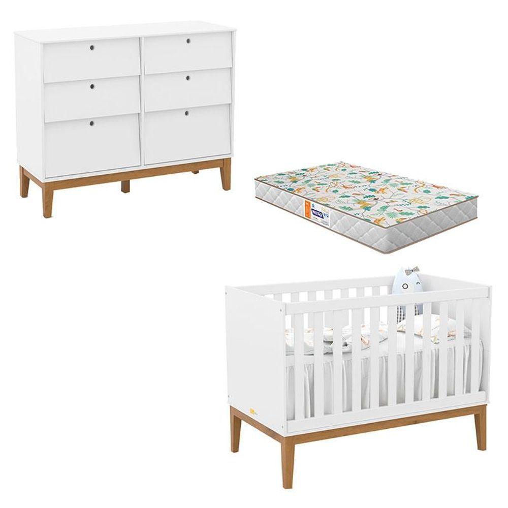 Berço Americano E Cômoda 6 Gavetas Unique Branco Soft Eco Wood Com Colchão Gazin - Matic - 1