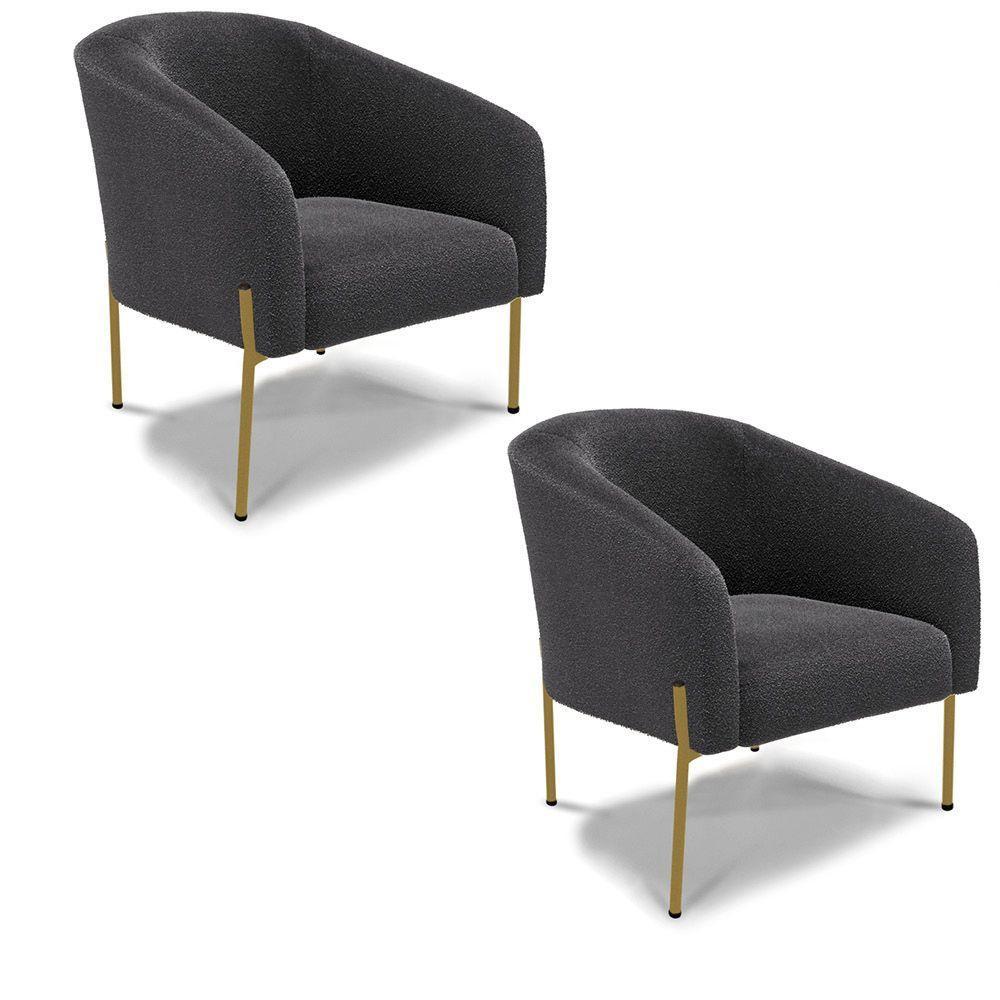 Poltrona Decorativa Pé Ferro Dourado Kit 2 Stella Bouclê D03 - D'rossi Cor Grafite - 1