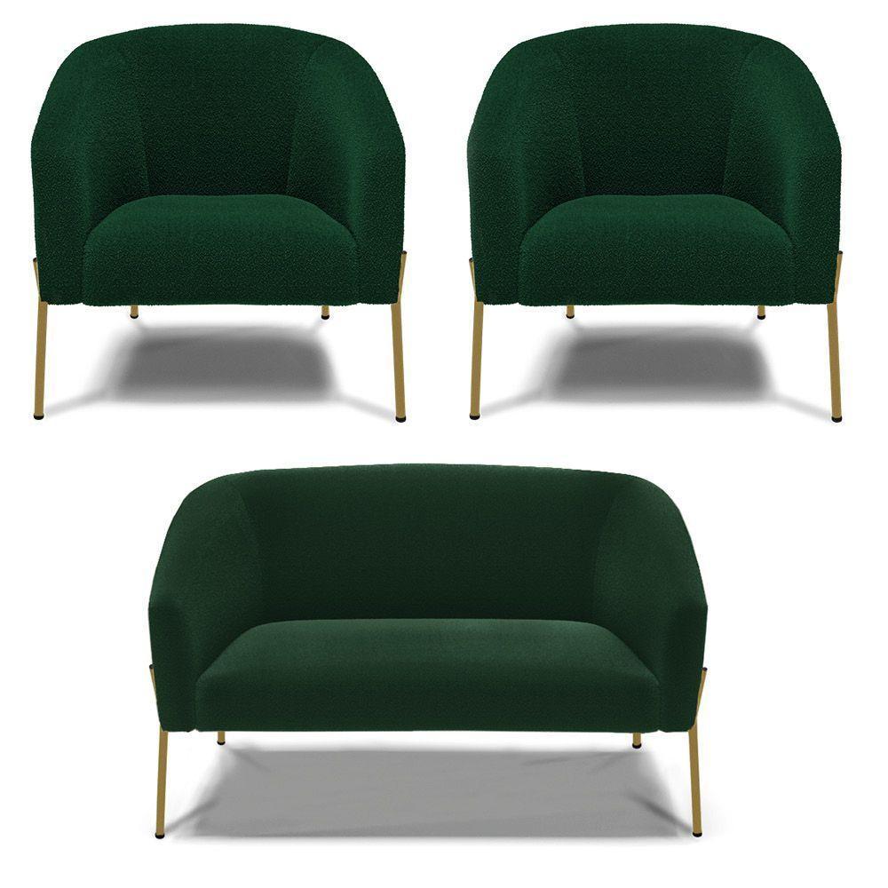 Namoradeira E 2 Poltronas Pé Ferro Dourado Stella Bouclê Verde D03 - D'rossi - 1