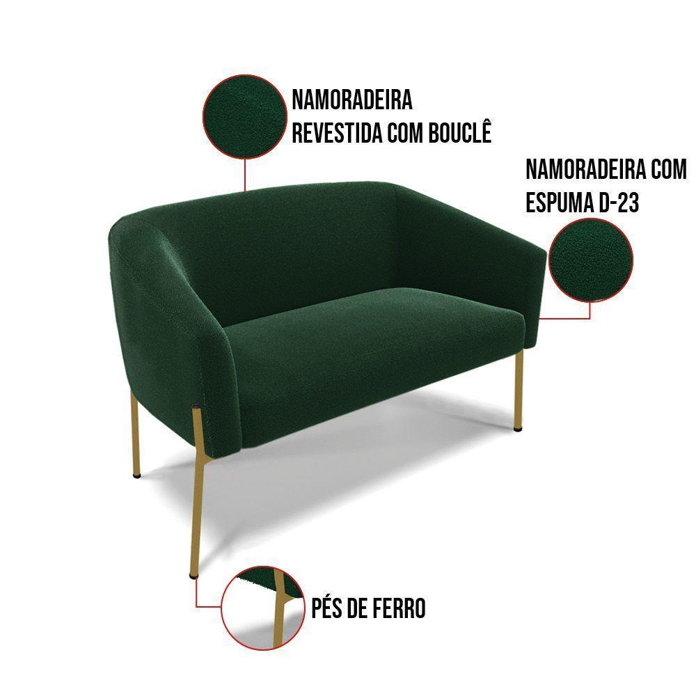 Namoradeira E 2 Poltronas Pé Ferro Dourado Stella Bouclê Verde D03 - D'rossi - 5