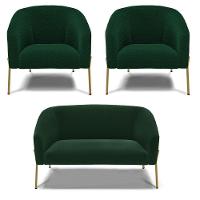 Namoradeira E 2 Poltronas Pé Ferro Dourado Stella Bouclê Verde D03 - D'rossi - 1