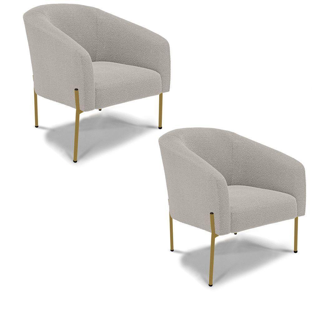 Poltrona Decorativa Pé Ferro Dourado Kit 2 Stella Bouclê D03 - D'rossi Cor Cinza - 1
