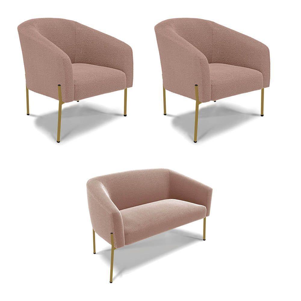Namoradeira E 2 Poltronas Pé Ferro Dourado Stella Bouclê Rosê D03 - D'rossi - 1