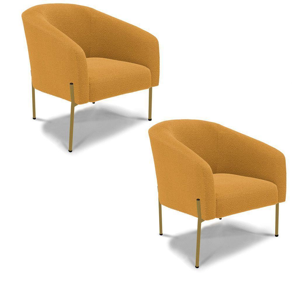 Poltrona Decorativa Pé Ferro Dourado Kit 2 Stella Bouclê D03 - D'rossi Cor Mostarda - 1