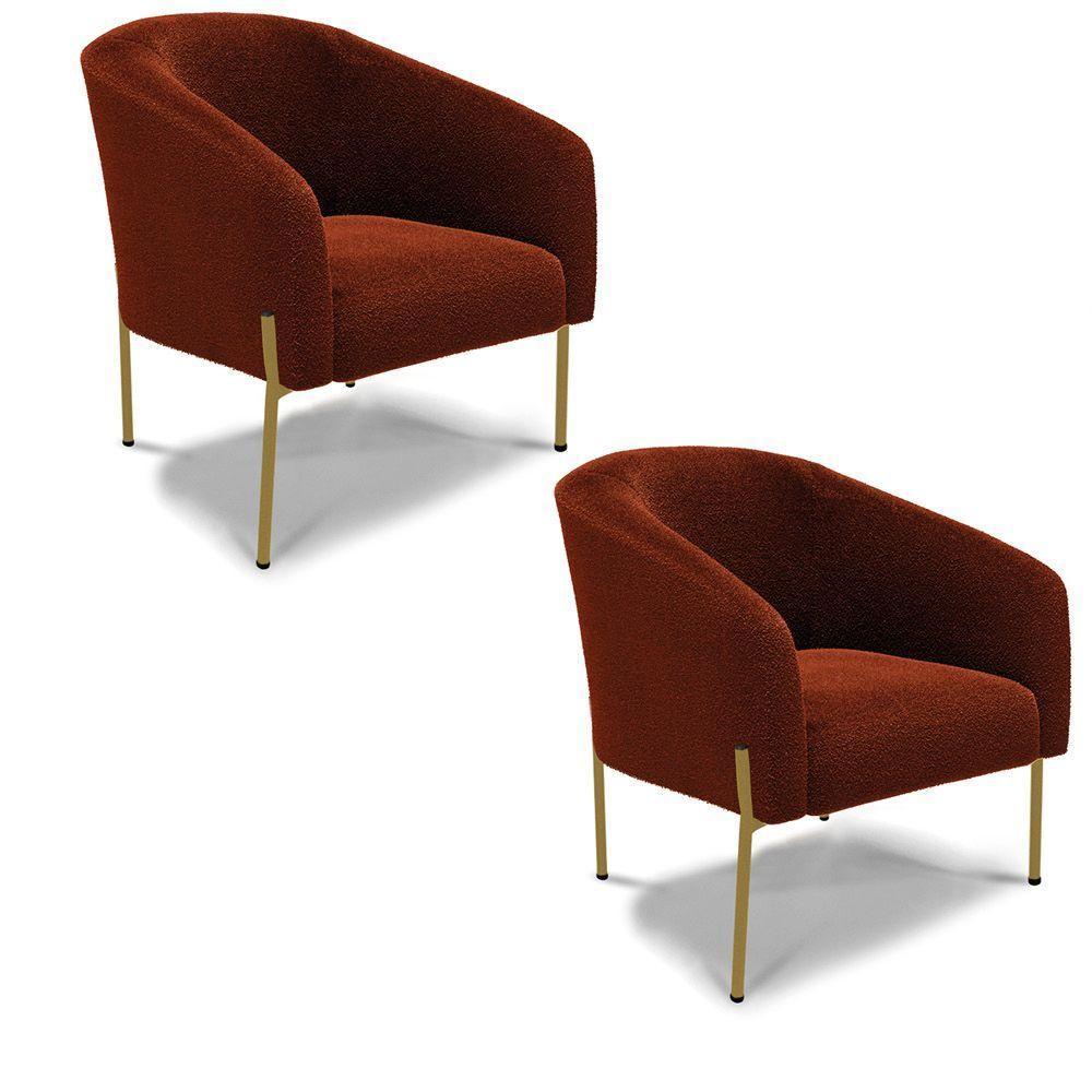 Poltrona Decorativa Pé Ferro Dourado Kit 2 Stella Bouclê Terra D03 - D'rossi - 1