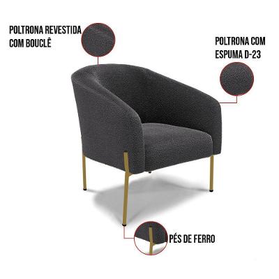 Poltrona Decorativa Pé Ferro Dourado Kit 2 Stella Bouclê Grafite D03 - D'rossi