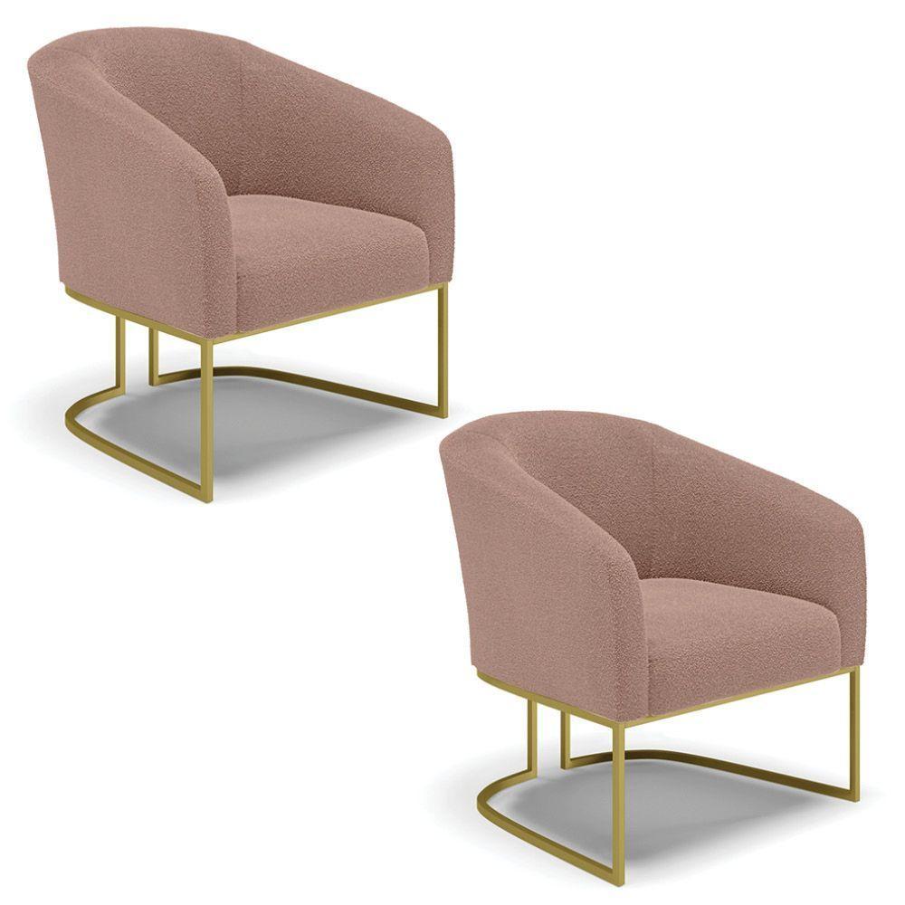 Poltrona Para Sala Industrial Dourado Kit 2 Stella Bouclê Rosê D03 - D'rossi - 1