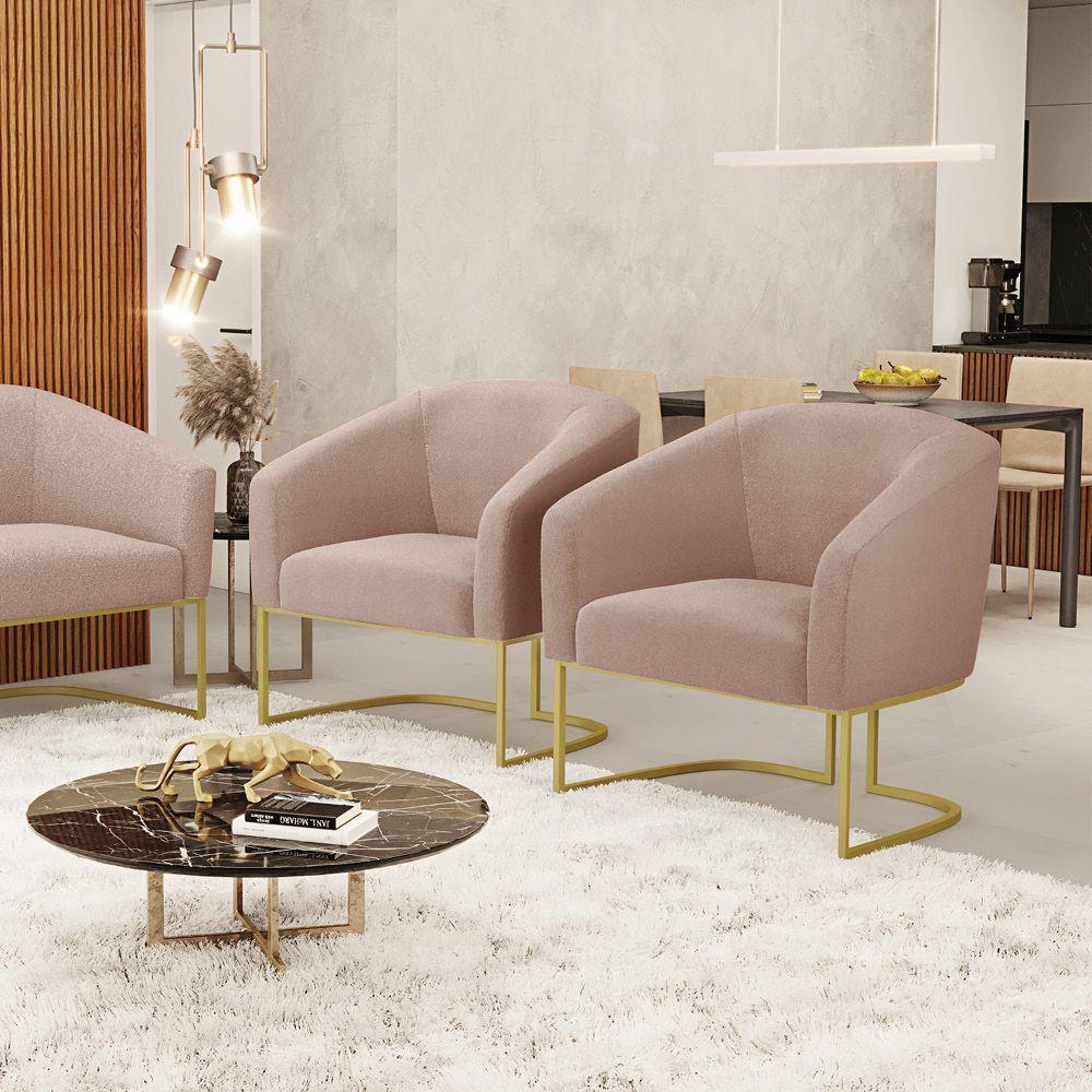 Poltrona Para Sala Industrial Dourado Kit 2 Stella Bouclê Rosê D03 - D'rossi - 6