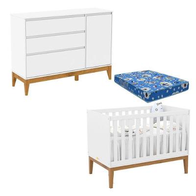 Berço Americano Unique com Cômoda MDF com Colchão Espuma Branco Soft Eco Wood