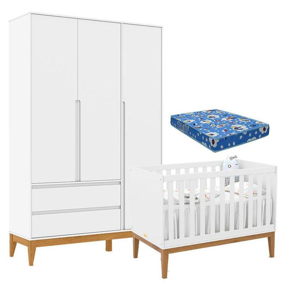 Berço Americano Unique E Guarda Roupa 3 Portas Nature Clean Branco Soft Eco Wood E Colchão Ortobom - 1