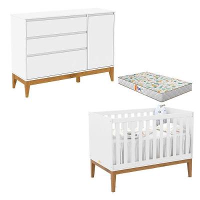 Berço Americano Unique em MDF com Colchão Incluso Branco com Cômoda Ecológica para Bebê