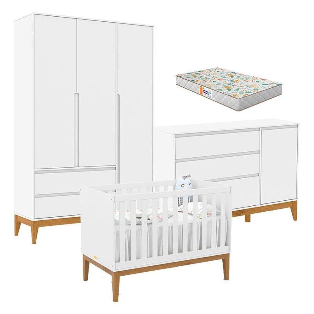 Quarto De Bebê Nature Clean 3 Portas Com Berço Unique Branco Soft Eco Wood E Colchão Gazin - Matic - 1