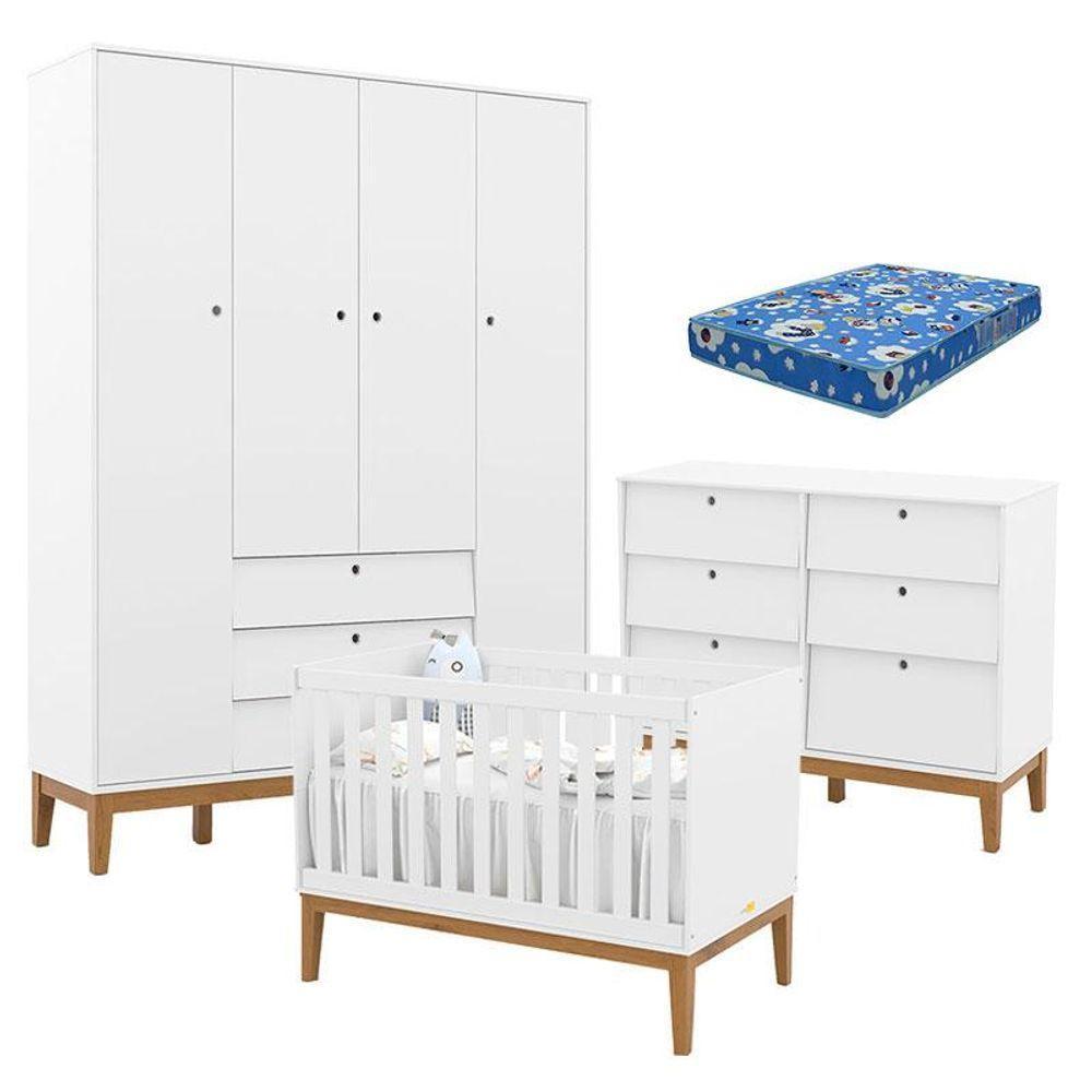 Quarto De Bebe Unique 4 Portas Com Cômoda 6 Gavetas Branco Soft Eco Wood E Colchão Ortobom - Matic - 1