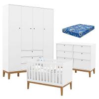 Quarto De Bebe Unique 4 Portas Com Cômoda 6 Gavetas Branco Soft Eco Wood E Colchão Ortobom - Matic - 1