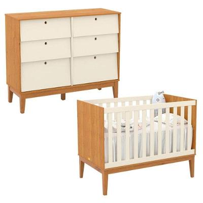 Berço Americano e Cômoda Unique 6 Gavetas MDF com Puxador em Off White