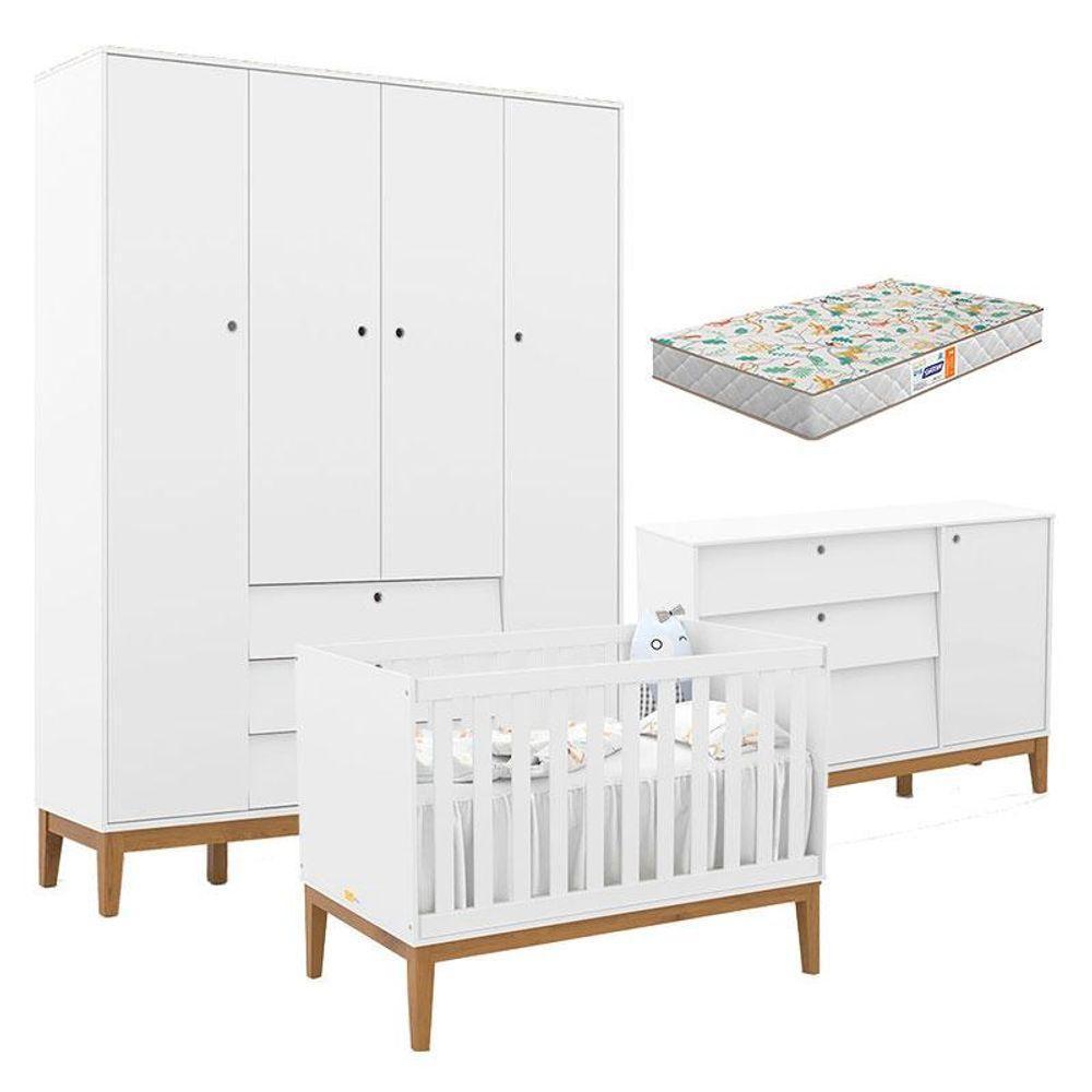 Quarto De Bebe Unique 4 Portas Com Cômoda Sapateira Branco Soft Eco Wood E Colchão Gazin - Matic - 1