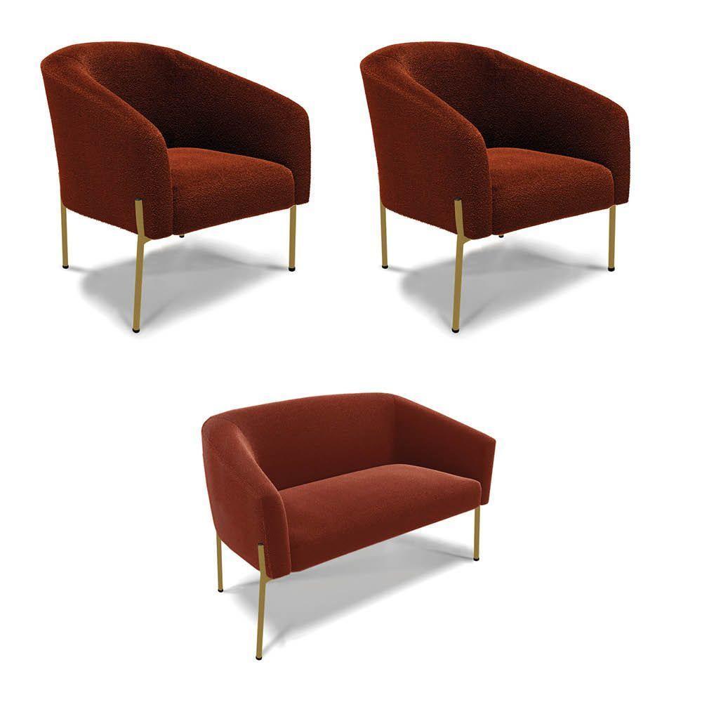 Namoradeira E 2 Poltronas Pé Ferro Dourado Stella Bouclê D03 - D'rossi Cor Terra - 1