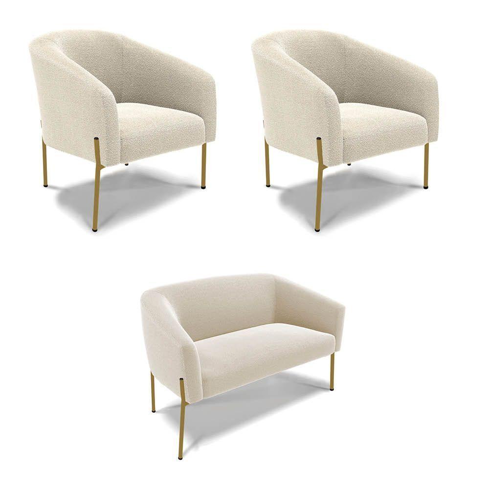 Namoradeira E 2 Poltronas Pé Ferro Dourado Stella Bouclê D03 - D'rossi Cor Bege - 1