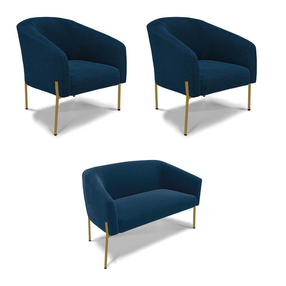 Namoradeira E 2 Poltronas Pé Ferro Dourado Stella Bouclê D03 - D'rossi Cor Azul - 1