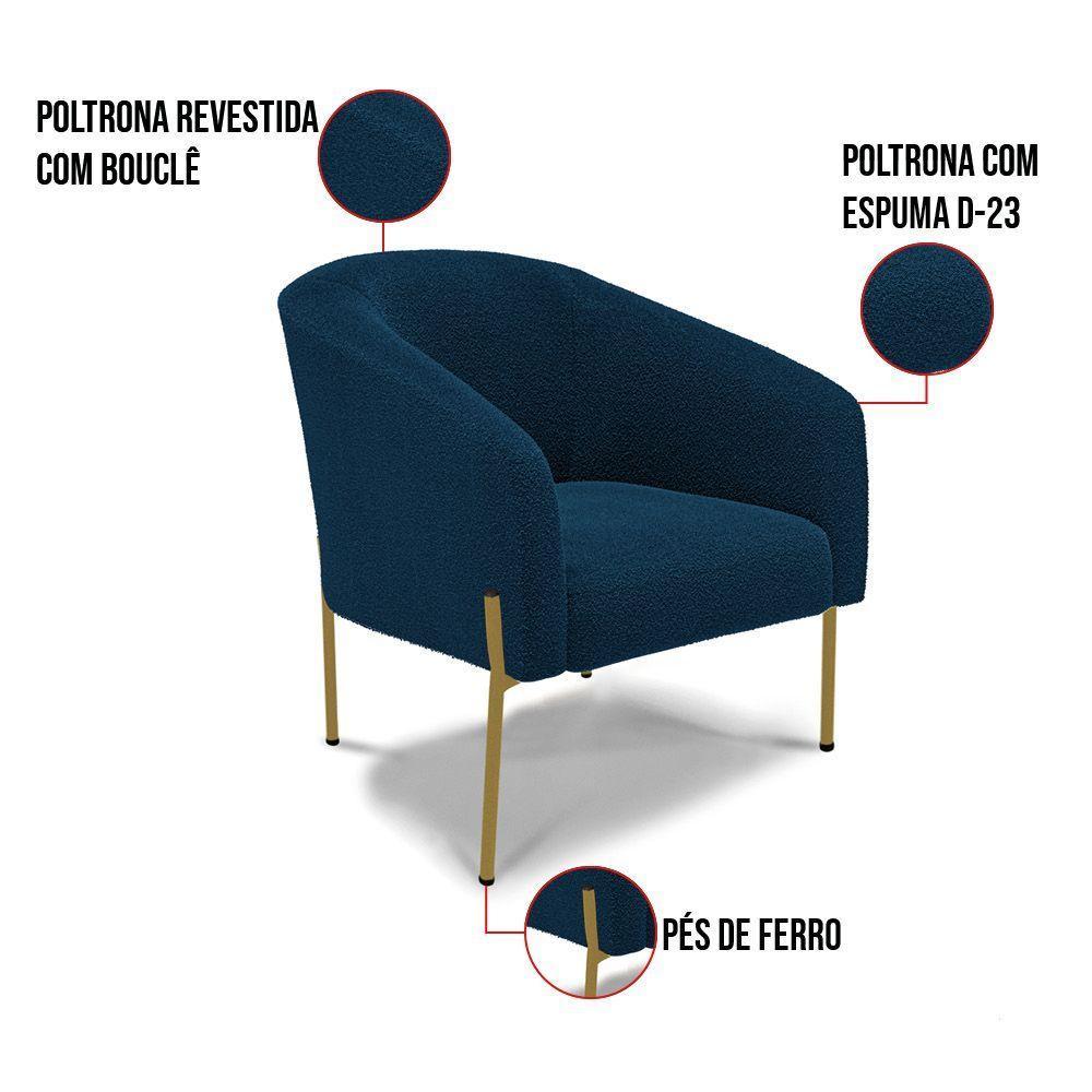 Namoradeira E 2 Poltronas Pé Ferro Dourado Stella Bouclê D03 - D'rossi Cor Azul - 7