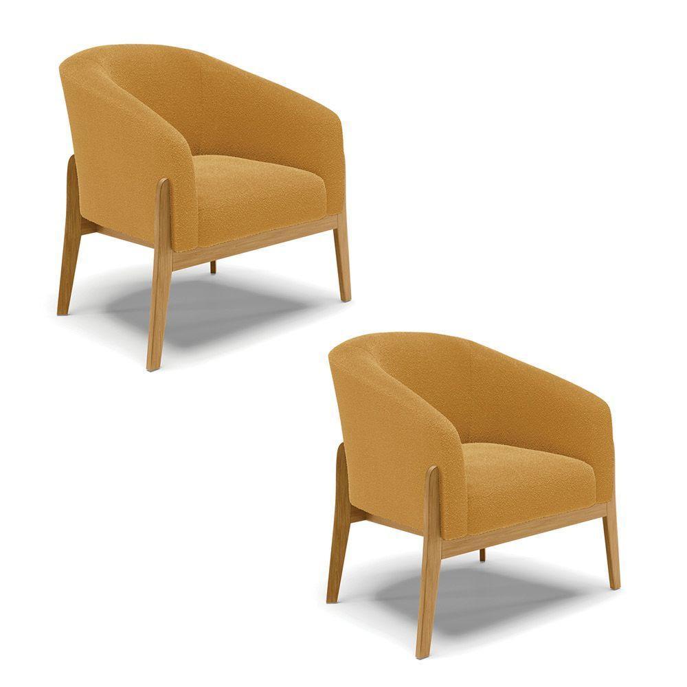 Poltrona Decorativa Base Madeira Kit 2 Stella Bouclê Mostarda D03 - D'rossi - 1