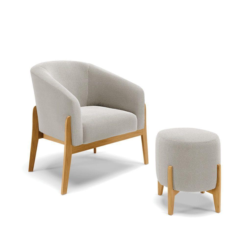 Poltrona E Puff Decorativo Base Madeira Stella Bouclê Cinza P01 - D'rossi - 1