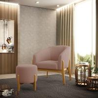 Poltrona E Puff Decorativo Base Madeira Stella Bouclê Rosê P01 - D'rossi - 7