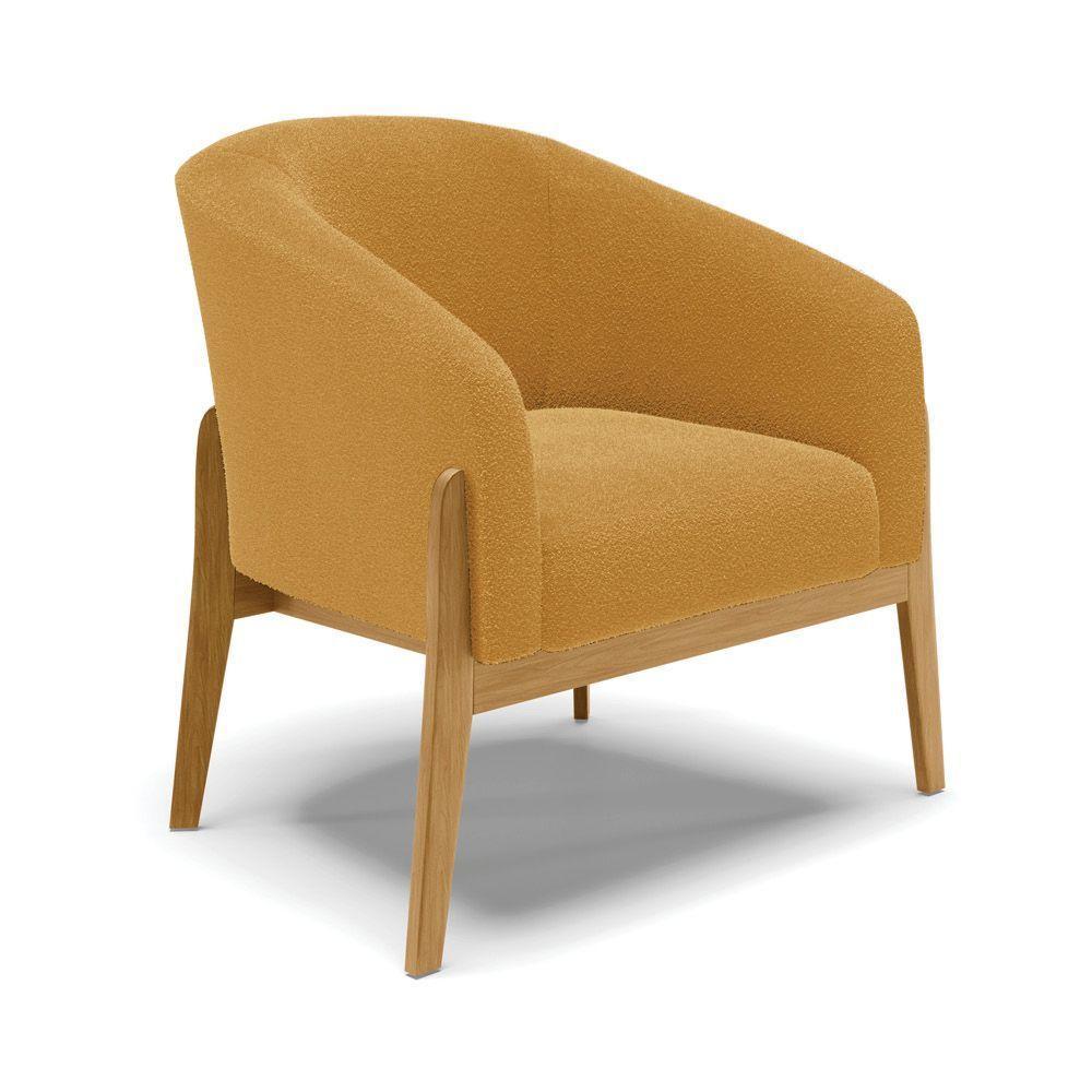 Poltrona E Puff Decorativo Base Madeira Stella Bouclê Mostarda P01 - D'rossi - 2