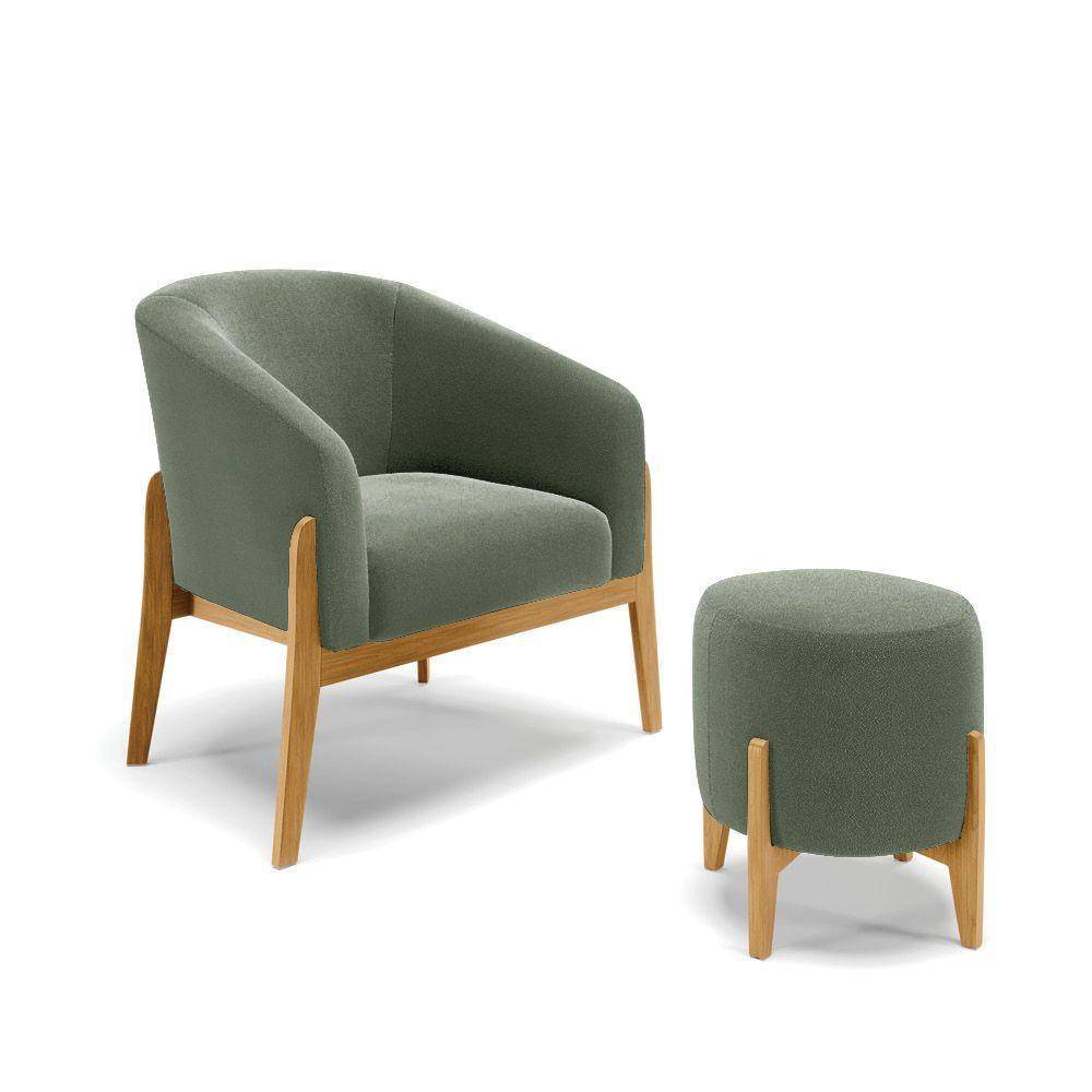 Poltrona E Puff Decorativo Base Madeira Stella Bouclê Menta P01 - D'rossi - 1
