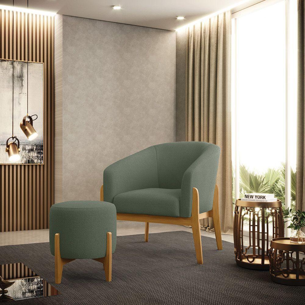 Poltrona E Puff Decorativo Base Madeira Stella Bouclê Menta P01 - D'rossi - 7