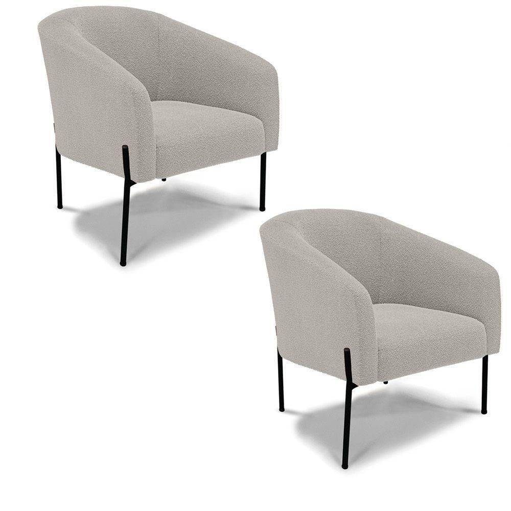 Poltrona Decorativa Pé De Ferro Preto Kit 2 Stella Bouclê Cinza D03 - D'rossi - 1