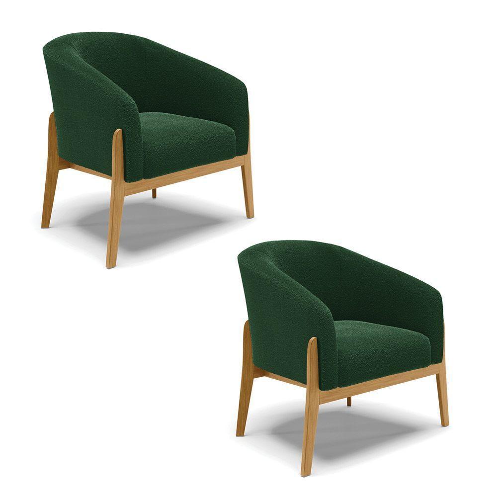 Poltrona Decorativa Base Madeira Kit 2 Stella Bouclê Verde D03 - D'rossi - 1