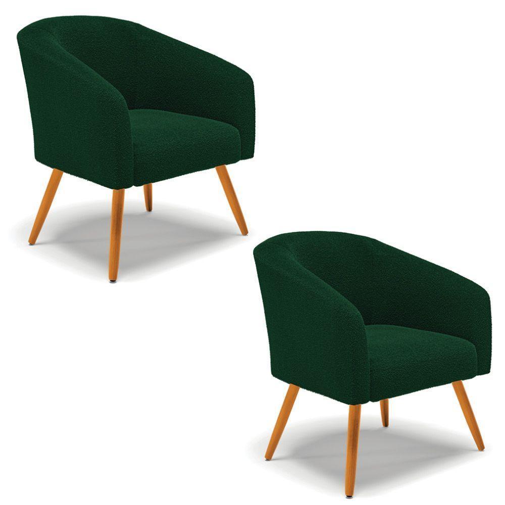 Poltrona Para Sala Pé Palito Castanho Kit 2 Stella Bouclê Verde D03 - D'rossi - 1