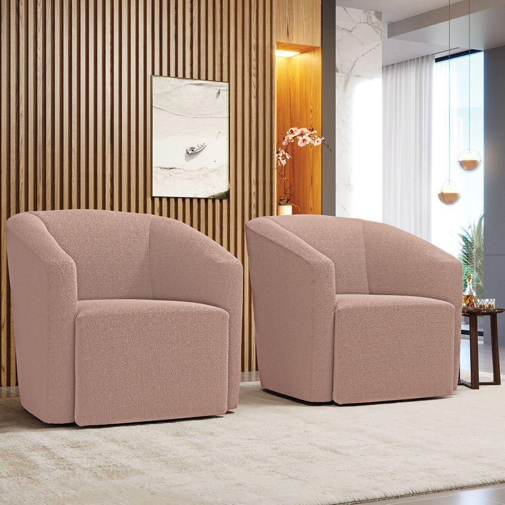 Poltrona Sala De Estar Base Giratória Kit 2 Stella Max Bouclê D03 - D'rossi Rosê - 7
