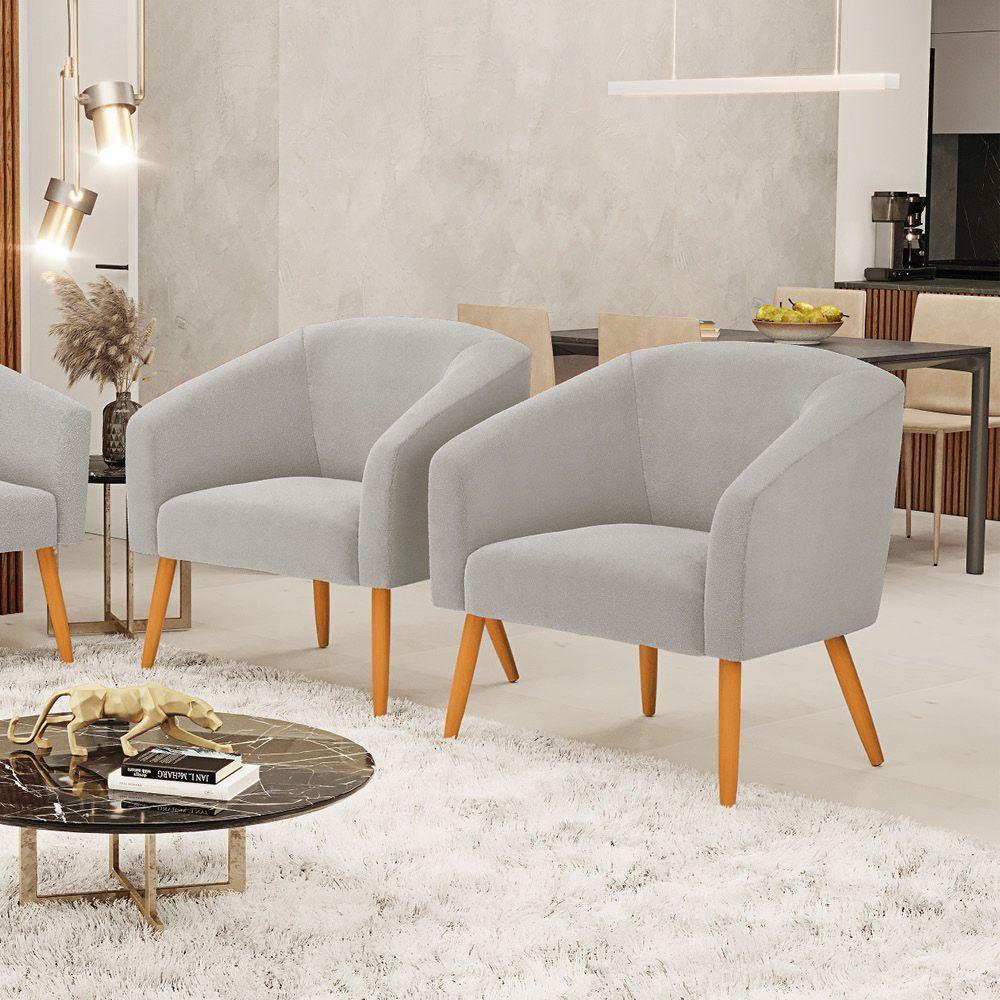 Poltrona Para Sala Pé Palito Castanho Kit 2 Stella Bouclê Cinza D03 - D'rossi - 7